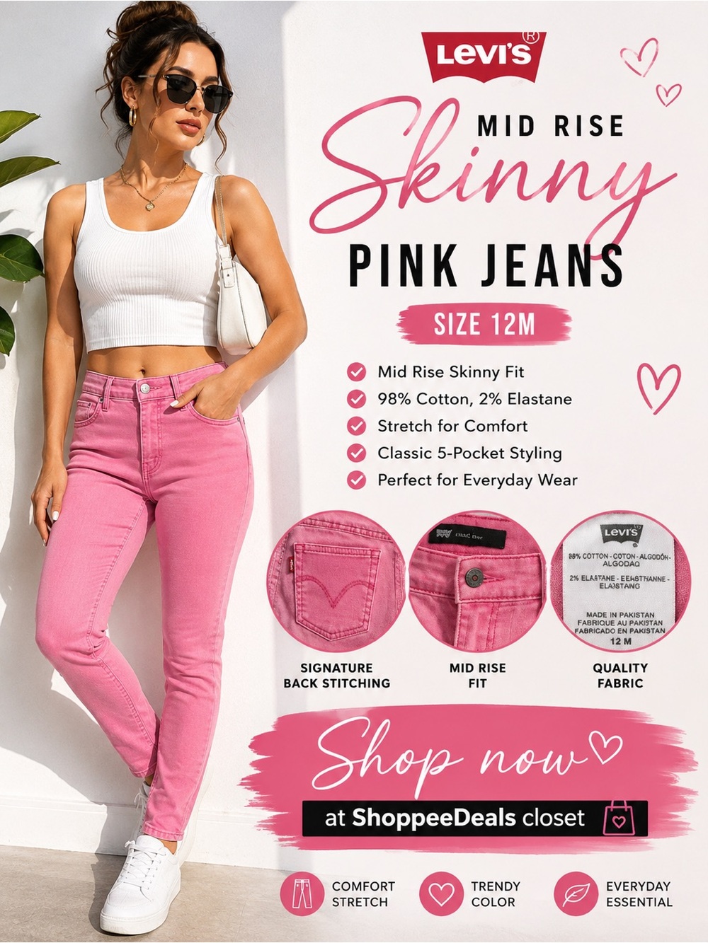 Levi's Pink Mid Rise Skinny Jeans